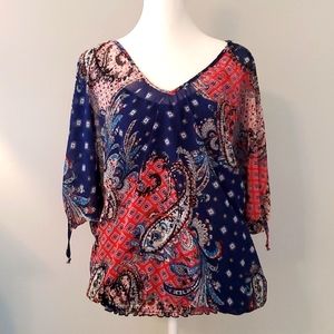 Halo Paisley Dolman Slit Sleeve V-Neck Blouse with Smocked Waistband Siz…